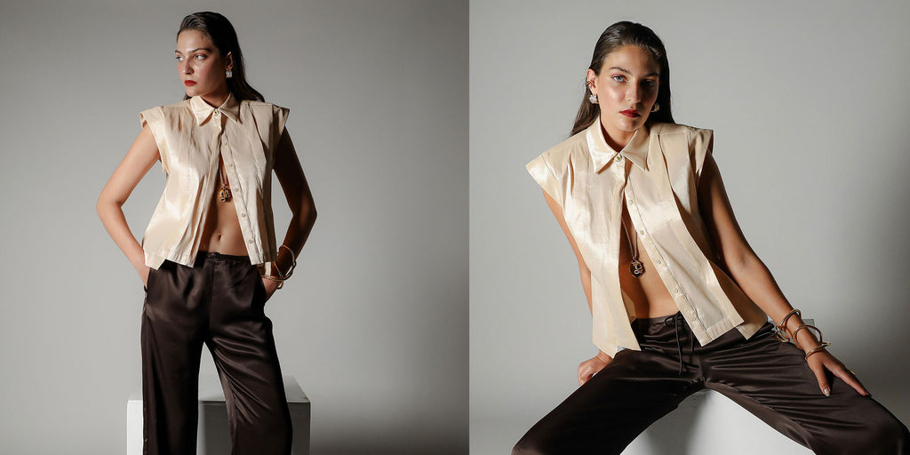 Sol Verite Shirt Campaign banner for Realm Origin - sleeveless designer womenswear top in Champagne satin